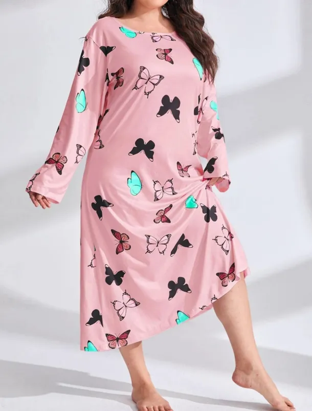 Women's Plus Size Valentine Dress Pajamas Sleepwear Heart Butterfly Fashion Casual Home Bed Comfort Breathable Crew Neck Long Sleeve Spring Home Outfits