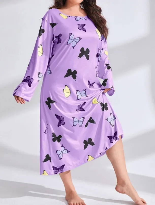 Women's Plus Size Valentine Dress Pajamas Sleepwear Heart Butterfly Fashion Casual Home Bed Comfort Breathable Crew Neck Long Sleeve Spring Home Outfits