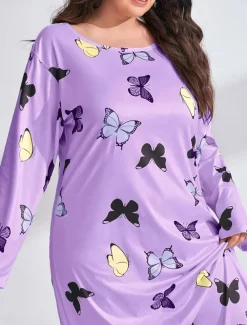 Women's Plus Size Valentine Dress Pajamas Sleepwear Heart Butterfly Fashion Casual Home Bed Comfort Breathable Crew Neck Long Sleeve Spring Home Outfits