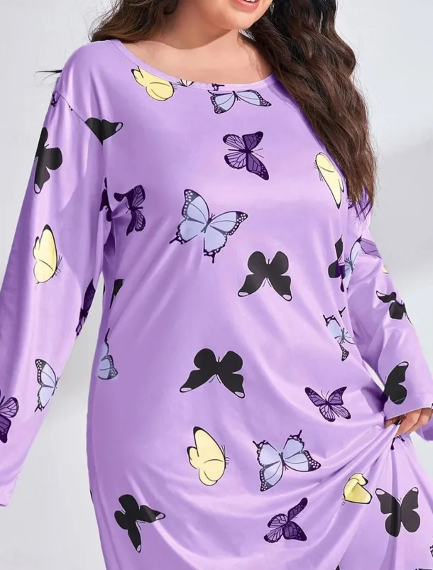 Women's Plus Size Valentine Dress Pajamas Sleepwear Heart Butterfly Fashion Casual Home Bed Comfort Breathable Crew Neck Long Sleeve Spring Home Outfits