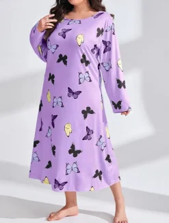 Women's Plus Size Valentine Dress Pajamas Sleepwear Heart Butterfly Fashion Casual Home Bed Comfort Breathable Crew Neck Long Sleeve Spring Home Outfits