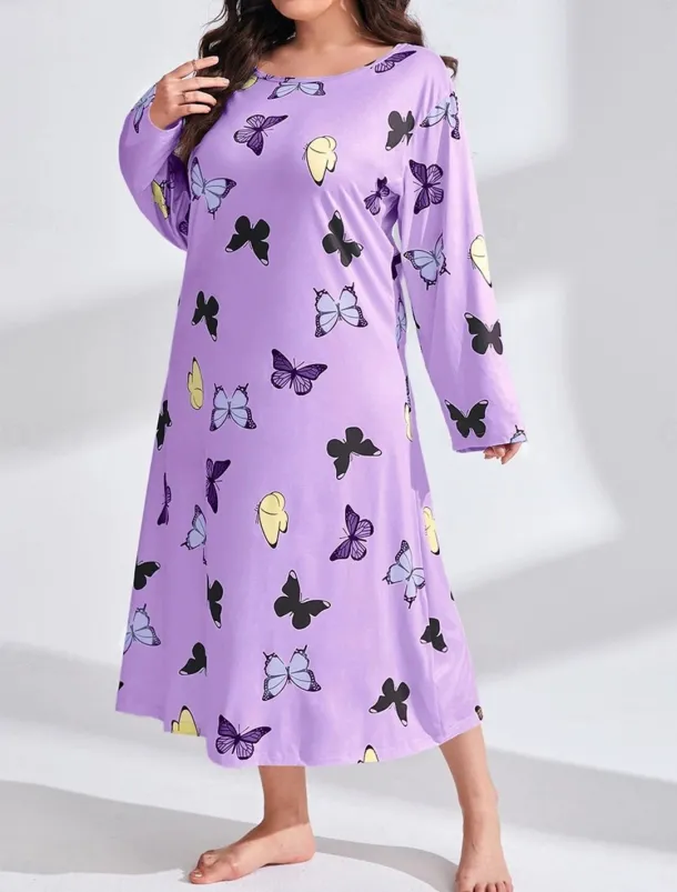 Women's Plus Size Valentine Dress Pajamas Sleepwear Heart Butterfly Fashion Casual Home Bed Comfort Breathable Crew Neck Long Sleeve Spring Home Outfits