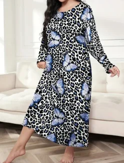 Women's Plus Size Valentine Dress Pajamas Sleepwear Heart Butterfly Fashion Casual Home Bed Comfort Breathable Crew Neck Long Sleeve Spring Home Outfits