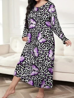 Women's Plus Size Valentine Dress Pajamas Sleepwear Heart Butterfly Fashion Casual Home Bed Comfort Breathable Crew Neck Long Sleeve Spring Home Outfits