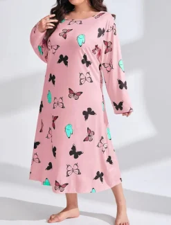Women's Plus Size Valentine Dress Pajamas Sleepwear Heart Butterfly Fashion Casual Home Bed Comfort Breathable Crew Neck Long Sleeve Spring Home Outfits