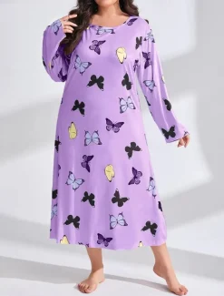 Women's Plus Size Valentine Dress Pajamas Sleepwear Heart Butterfly Fashion Casual Home Bed Comfort Breathable Crew Neck Long Sleeve Spring Home Outfits