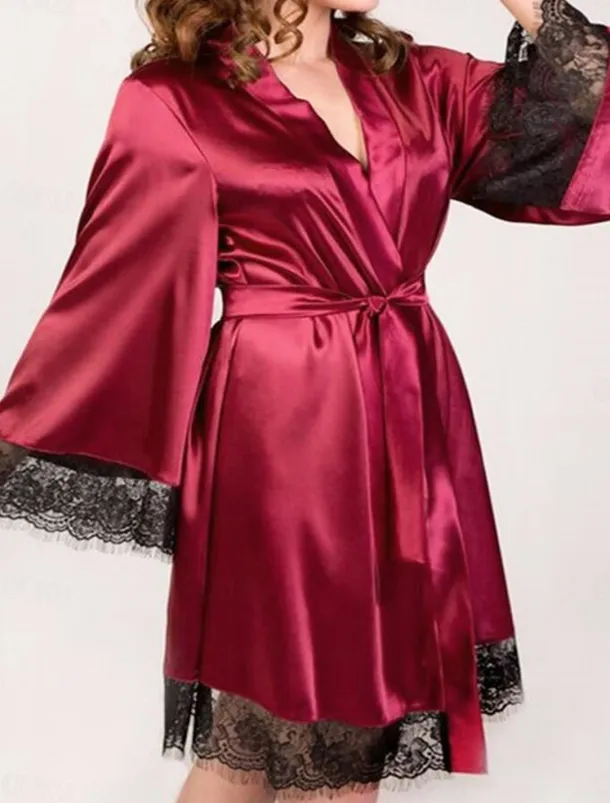 Women's Plus Size Valentine Dress Pajamas Bathrobe Silk Robe Pure Color Simple Casual Comfort Home Daily Wedding Party Satin Silk Breathable V Wire Long Sleeve Summer Fall Home Outfits