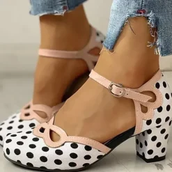 Women's Polka Dot Block Heel Mary Jane Shoes – Retro Round Toe Pumps with Ankle Strap for Casual Wear, Parties & Vintage Outfits