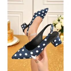 Women's Polka Dot Slingback Block Heel Pumps – Vintage 1950s Style Dress Shoes for Parties, Office, and Retro Events