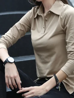 Women's Polo Shirts Plain Sports Cute Basic Long Sleeve Shirt Collar Regular Tops Casual Sports Buttons Black White Wine Green Khaki Spring Fall