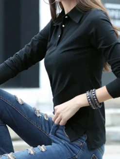 Women's Polo Shirts Plain Sports Cute Basic Long Sleeve Shirt Collar Regular Tops Casual Sports Buttons Black White Wine Green Khaki Spring Fall