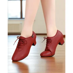 Women's Professional Dance Shoes - Burgundy Lace-Up Practice Heels with Comfortable Block Heel and Soft Leather Finish, Ideal for Ballroom, Latin and Jazz Dance Training