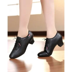 Women's Professional Dance Shoes - Burgundy Lace-Up Practice Heels with Comfortable Block Heel and Soft Leather Finish, Ideal for Ballroom, Latin and Jazz Dance Training