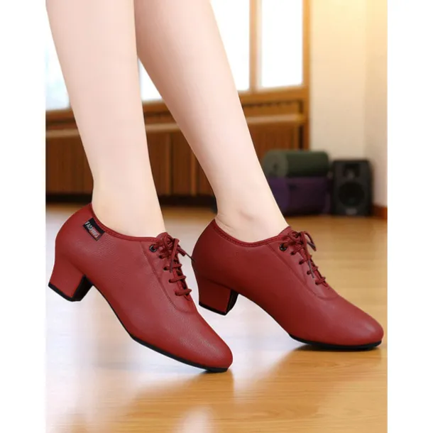Women's Professional Dance Shoes - Burgundy Lace-Up Practice Heels with Comfortable Block Heel and Soft Leather Finish, Ideal for Ballroom, Latin and Jazz Dance Training