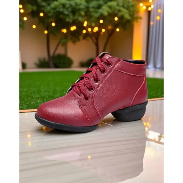 Women's Professional Dance Shoes - Burgundy Lace-Up Jazz and Practice Boots with Split Sole Design, Comfortable Soft Leather Footwear for Ballroom, Latin and Stage Performances