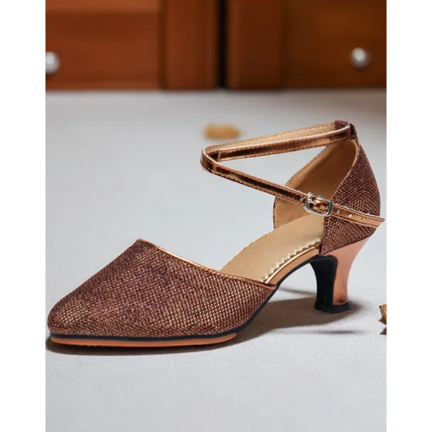 Women's Professional Glitter Mesh Dance Shoes with Gold Metallic Accents and Adjustable Ankle Strap for Ballroom and Latin Dance