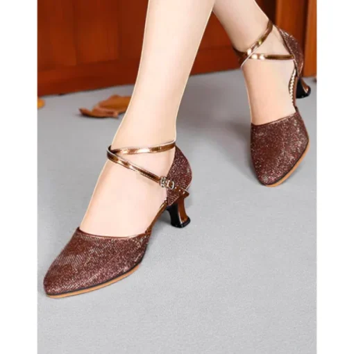 Women's Professional Glitter Mesh Dance Shoes with Gold Metallic Accents and Adjustable Ankle Strap for Ballroom and Latin Dance
