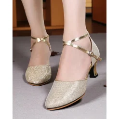 Women's Professional Glitter Mesh Dance Shoes with Gold Metallic Accents and Adjustable Ankle Strap for Ballroom and Latin Dance