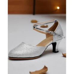 Women's Professional Glitter Mesh Dance Shoes with Gold Metallic Accents and Adjustable Ankle Strap for Ballroom and Latin Dance