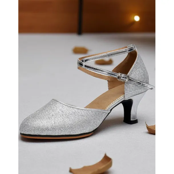 Women's Professional Glitter Mesh Dance Shoes with Gold Metallic Accents and Adjustable Ankle Strap for Ballroom and Latin Dance
