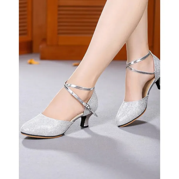 Women's Professional Glitter Mesh Dance Shoes with Gold Metallic Accents and Adjustable Ankle Strap for Ballroom and Latin Dance