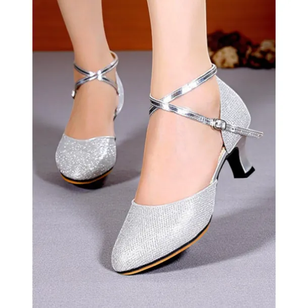 Women's Professional Glitter Mesh Dance Shoes with Gold Metallic Accents and Adjustable Ankle Strap for Ballroom and Latin Dance