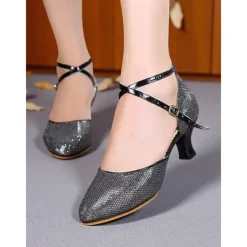 Women's Professional Glitter Mesh Dance Shoes with Gold Metallic Accents and Adjustable Ankle Strap for Ballroom and Latin Dance