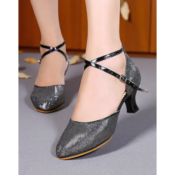 Women's Professional Glitter Mesh Dance Shoes with Gold Metallic Accents and Adjustable Ankle Strap for Ballroom and Latin Dance
