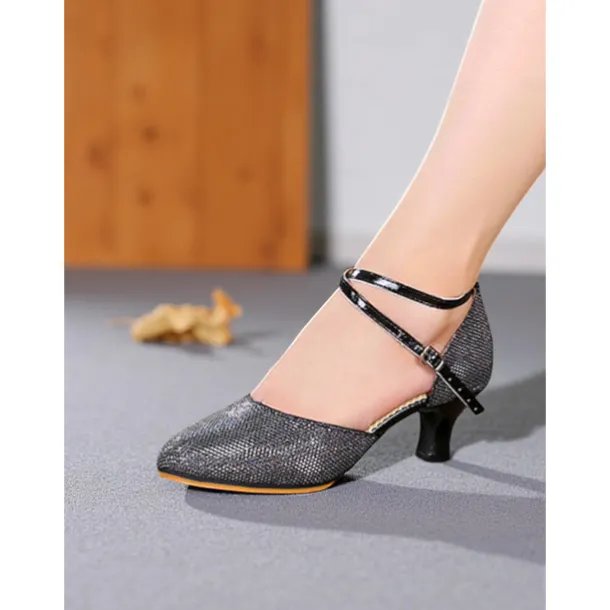Women's Professional Glitter Mesh Dance Shoes with Gold Metallic Accents and Adjustable Ankle Strap for Ballroom and Latin Dance