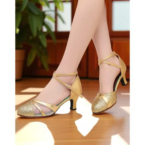 Women's Professional Latin Dance Shoes - Polka Dot Heels with Gold Accent and Ankle Strap, Ideal for Ballroom Practice, Salsa, and Rumba Performances