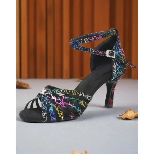 Women's Professional Satin Dance Sandals with Rainbow Cracked Design and Adjustable Ankle Strap for Ballroom and Latin Dance