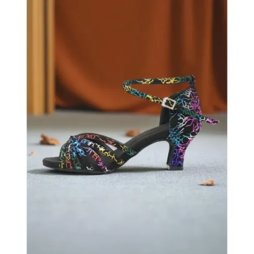 Women's Professional Satin Dance Sandals with Rainbow Cracked Design and Adjustable Ankle Strap for Ballroom and Latin Dance