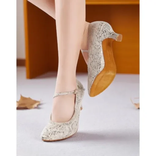 Women's Professional Snake Print Dance Shoes with Adjustable Ankle Strap and Mid Heel for Ballroom and Latin Dance