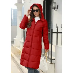 Women's Puffer Jacket Hoodie Jacket Hiking Windbreaker Winter Outdoor Thermal Warm Windproof Outerwear Winter Jacket Full Length Visible Zipper Fishing Camping / Hiking / Caving Traveling Black Red