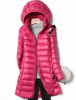 Women's Puffer Jacket Warm Breathable Zipper Pocket Casual Plain Vacation Street Daily Wear Going out Zipper Long Hoodie Regular Fit Long Sleeve Outerwear Wine Red Fuchsia Fall Winter