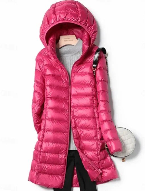 Women's Puffer Jacket Warm Breathable Zipper Pocket Casual Plain Vacation Street Daily Wear Going out Zipper Long Hoodie Regular Fit Long Sleeve Outerwear Wine Red Fuchsia Fall Winter