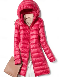 Women's Puffer Jacket Warm Breathable Zipper Pocket Casual Plain Vacation Street Daily Wear Going out Zipper Long Hoodie Regular Fit Long Sleeve Outerwear Wine Red Fuchsia Fall Winter