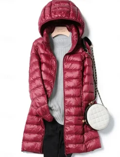 Women's Puffer Jacket Warm Breathable Zipper Pocket Casual Plain Vacation Street Daily Wear Going out Zipper Long Hoodie Regular Fit Long Sleeve Outerwear Wine Red Fuchsia Fall Winter