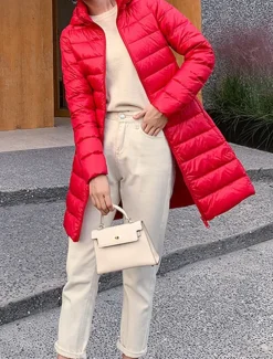Women's Puffer Jacket Warm Breathable Zipper Pocket Casual Plain Vacation Street Daily Wear Going out Zipper Long Hoodie Regular Fit Long Sleeve Outerwear Wine Red Fuchsia Fall Winter