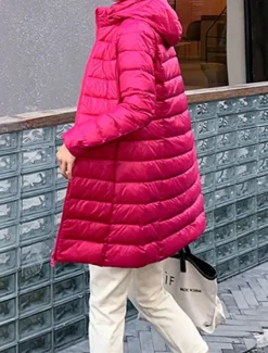 Women's Puffer Jacket Warm Breathable Zipper Pocket Casual Plain Vacation Street Daily Wear Going out Zipper Long Hoodie Regular Fit Long Sleeve Outerwear Wine Red Fuchsia Fall Winter
