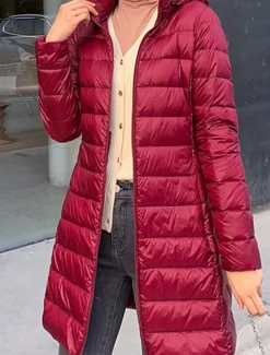 Women's Puffer Jacket Warm Breathable Zipper Pocket Casual Plain Vacation Street Daily Wear Going out Zipper Long Hoodie Regular Fit Long Sleeve Outerwear Wine Red Fuchsia Fall Winter