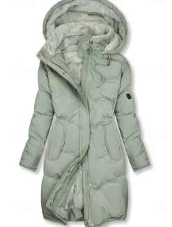 Women's Puffer Jacket Winter Windproof Jacket Winter Coat Comfortable Street Casual Daily Zipper Pocket Hoodie Casual Street Style Plain Regular Fit Outerwear Long Sleeve Winter Fall Green