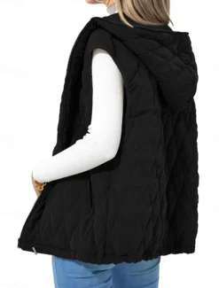 Women's Puffer Vest Quilted Vest Windproof Warm Patchwork Simple Solid Color Daily Regular Hooded Regular Fit Sleeveless Outerwear Black White Camel Fall Winter