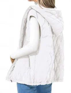 Women's Puffer Vest Quilted Vest Windproof Warm Patchwork Simple Solid Color Daily Regular Hooded Regular Fit Sleeveless Outerwear Black White Camel Fall Winter