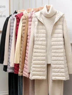 Women's Puffer Vest Warm Breathable Zipper Pocket Casual Plain Vacation Street Daily Wear Going out Zipper Long Hoodie Regular Fit Sleeveless Outerwear Black Pink Beige Fall Winter