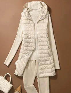 Women's Puffer Vest Warm Breathable Zipper Pocket Casual Plain Vacation Street Daily Wear Going out Zipper Long Hoodie Regular Fit Sleeveless Outerwear Black Pink Beige Fall Winter