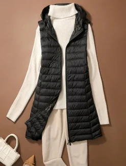 Women's Puffer Vest Warm Breathable Zipper Pocket Casual Plain Vacation Street Daily Wear Going out Zipper Long Hoodie Regular Fit Sleeveless Outerwear Black Pink Beige Fall Winter