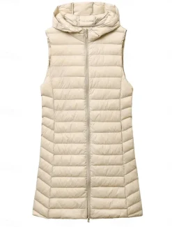 Women's Puffer Vest Warm Breathable Zipper Pocket Casual Plain Vacation Street Daily Wear Going out Zipper Long Hoodie Regular Fit Sleeveless Outerwear Black Pink Beige Fall Winter