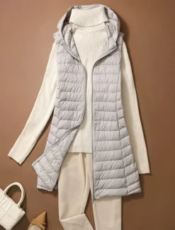 Women's Puffer Vest Warm Breathable Zipper Pocket Casual Plain Vacation Street Daily Wear Going out Zipper Long Hoodie Regular Fit Sleeveless Outerwear Black Pink Beige Fall Winter