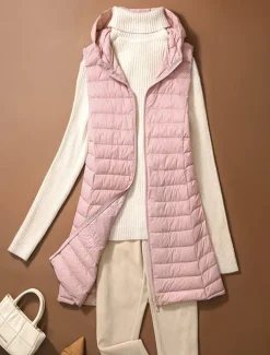 Women's Puffer Vest Warm Breathable Zipper Pocket Casual Plain Vacation Street Daily Wear Going out Zipper Long Hoodie Regular Fit Sleeveless Outerwear Black Pink Beige Fall Winter